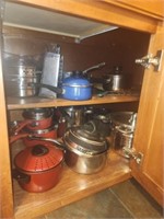 Cabinet lot of pots pans and more