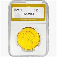1907-S $20 Gold Double Eagle PGA MS63