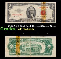 1953A $2 Red Seal United States Note Grades vf det