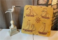 Nautical Bird on Stand and Sail Boats Foot Stool