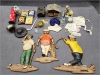 1967 set of 3 Aluminum Golfers, cards, toy