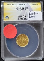 1850 LIBERTY HEAD $2.50 GOLD COIN - CLEANED, AU58