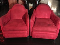 Pair Red fabric studded chairs. approx 28x35x32