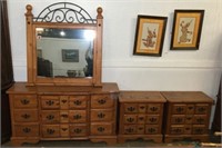 Pine Nine Drawer Dresser with Mirror & Pair of