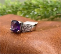 .925 Sterling Purple Amethyst White Zircon Ring