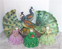 PEACOCK FIGURINES AND BEADED ANGELS