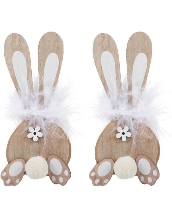( New ) 2 Pcs Wooden Bunny Statue Easter Wooden