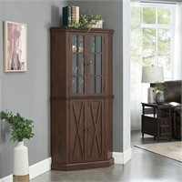 Mahogany Wood Corner Hutch W/Glass Doors