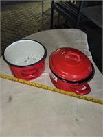 2 Vintage Red Stackable Enamelware Pots