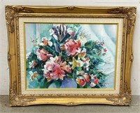Gilt Framed & Signed Floral Oil Painting on Canvas