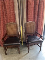 2 Cushion High Back Walnut Arm Chairs Leather Seat