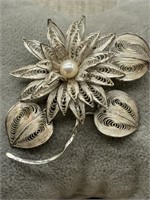 Antique Sterling Silver Filigree Pearl Brooch