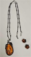 Sterling Silver & Amber Necklace & Earrings