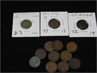 Thirteen Indian Head pennies, variety of