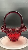 Fenton Ruby Hobnail Crimp Basket Uv Reactive