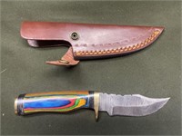 DAMASCUS STWEL KNIFE WITH LEATHER SHEATH (8in L)