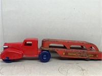 Tin toy truck with caravan car hauler