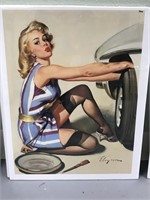 Pin up style poster of a lady changing a tire