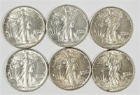 6 AU/MS Walking Liberty Half Dollars 1943 & 1944