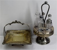 Vintage Silver Plate Footed Tray & Condiment Cruet