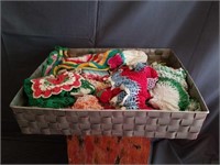 Metal Bin of Vintage Doilies and Crochet Linens