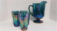 CARNIVAL GLASS PITCHER + 5 GLASSES