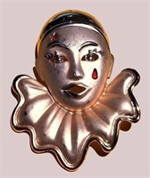 VINTAGE PIERROT GOLD/SILVER SAD CLOWN FACE BROOCH