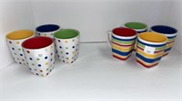 (8) colorful striped and polka dotted mugs