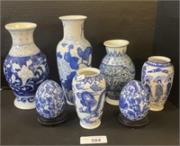 5 Japanese Porcelain Blue & White Vases, Blue &