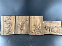 4 Wood carved wall hangers, 12" x 9"