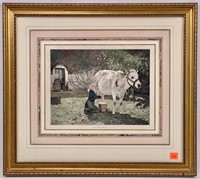 Cow print by Julien Dupre, "White Cow", 17" x 19"