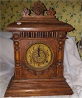 Antique oak mantel clock with chime & key