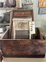 Wooden crate & group of wash boards