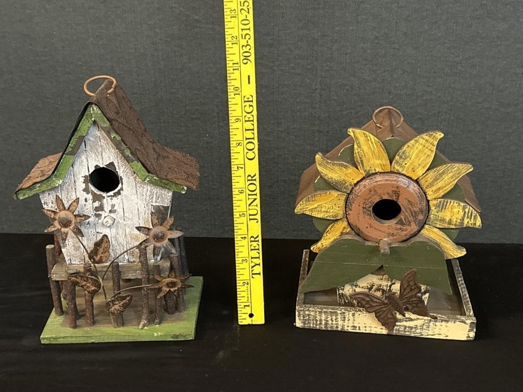 Two Handmade Wood & Metal Bird Houses