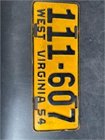 1954 WEST VIRGINIA LICENSE PLATE #111607