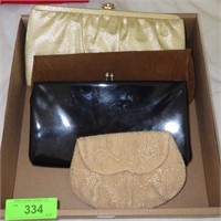 VINTAGE CLUTCH PURSES- BEADED, LEATHER, GOLD LAME>