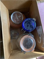Box lot of vintage canisters and other glass