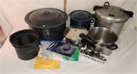 Canning Lot: Enamel Baths, (2) Pressure Cookers