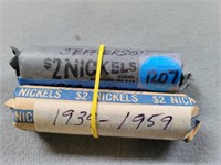 80 Jefferson nickels; 2 rolls; 1939-1959, 1939-195