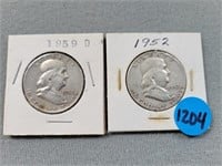 2 Benjamin Franklin half dollars; 1952, 1959d.  Bu