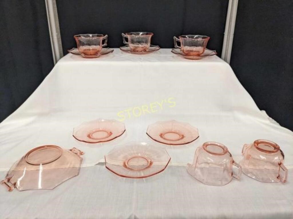 Vintage Pink Glass Cups & Saucers, Cream and Sugar