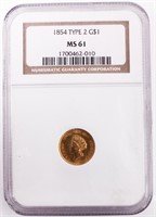 Coin 1854 Gold Dollar NGC MS61