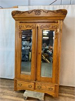 Oak Country Style Double Door Mirror Front Armoire