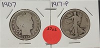 2X BID - 1907 BARBER, 1917 LIBERTY HALF DOLLARS