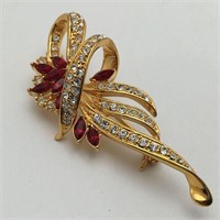 Red And Clear Rhinestone Goldtone Brooch