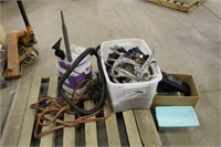 SHOP VAC AND BOX OF TOOLS AND ELECTRONICS