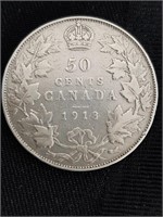 1913 Canadian Silver 50 Cent Coin