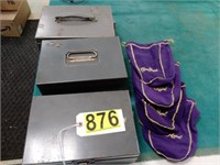 4 Crown Royal Bags and 3 Metal Money Boxes - 2 Hav