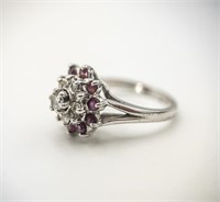 14K WHITE GOLD RUBY & DIAMOND CLUSTER RING