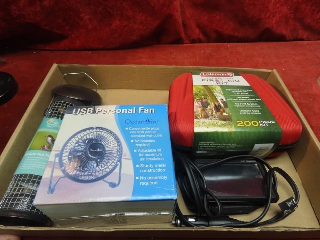 USB personal fan, bird feeder, first aid kit.